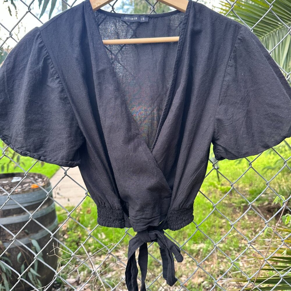 Cotton On Black Wrap Top with Short Sleeves Crop L